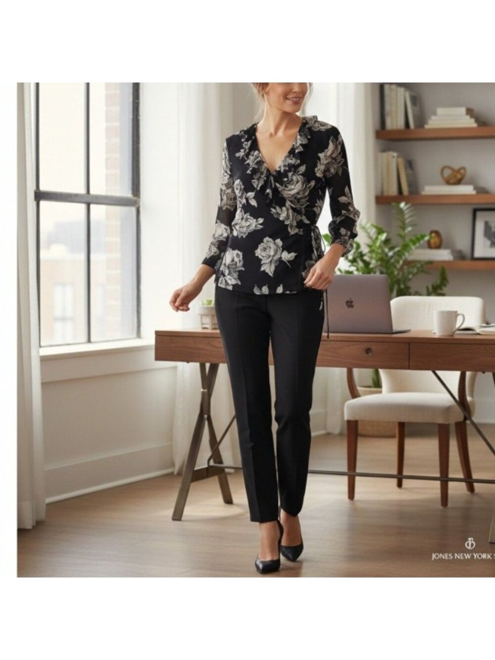 Jones New York Sport Black Floral Wrap Blouse With Ruffle Trim & Sheer Sleeves W